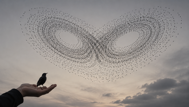 A single starling perched on a human hand, looking up at a vast murmuration forming a Lorenz attractor pattern against a pale gray sky.