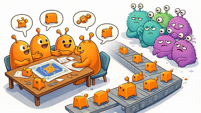 Illustration of identical orange creatures seated around a table designing a product that looks like them, while a group of visually distinct blue, green, and purple creatures watch from the side, excluded from the process. The assembly line between them produces only orange units.
