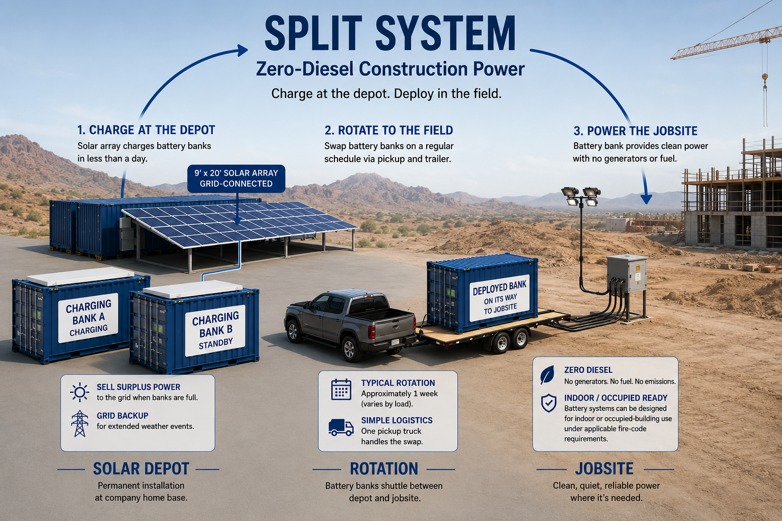 Infographic illustrating a three-stage split system for zero-diesel construction power. Stage 1, Solar Depot: a grid-connected 9-by-20-foot solar array charges two containerized battery banks at a permanent company home base, with surplus power sold to the grid. Stage 2, Rotation: a pickup truck tows a charged battery bank on a flatbed trailer to the field on an approximately weekly cycle. Stage 3, Jobsite: the deployed battery bank provides clean, quiet power to an active construction site with no generators, fuel, or emissions.