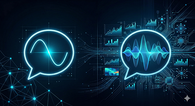 Two speech bubbles over a circuit board background, one containing a simple waveform and the other a complex multi-layered waveform, representing the difference between basic and contextually rich prompts.