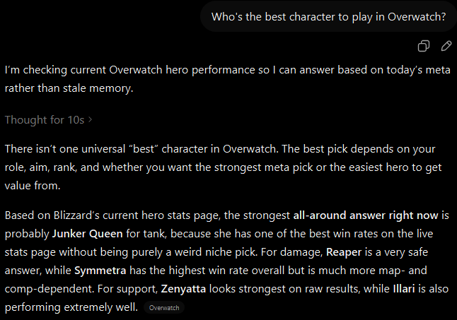 ChatGPT response to the basic prompt 'Who's the best character to play in Overwatch?' — the model thinks for 10 seconds and suggests Junker Queen for tank, Reaper for damage, and Zenyatta for support based on current win rates.