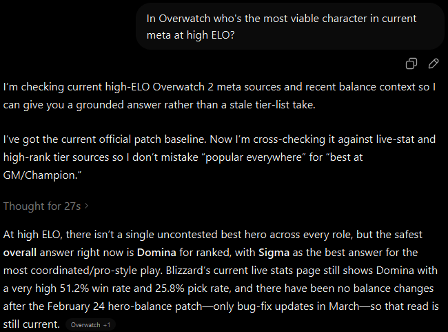 ChatGPT response to the detailed prompt 'In Overwatch who's the most viable character in current meta at high ELO?' — the model thinks for 27 seconds, cross-checks live stats and high-rank tier sources, and recommends Domina with a 51.2% win rate and 25.8% pick rate.